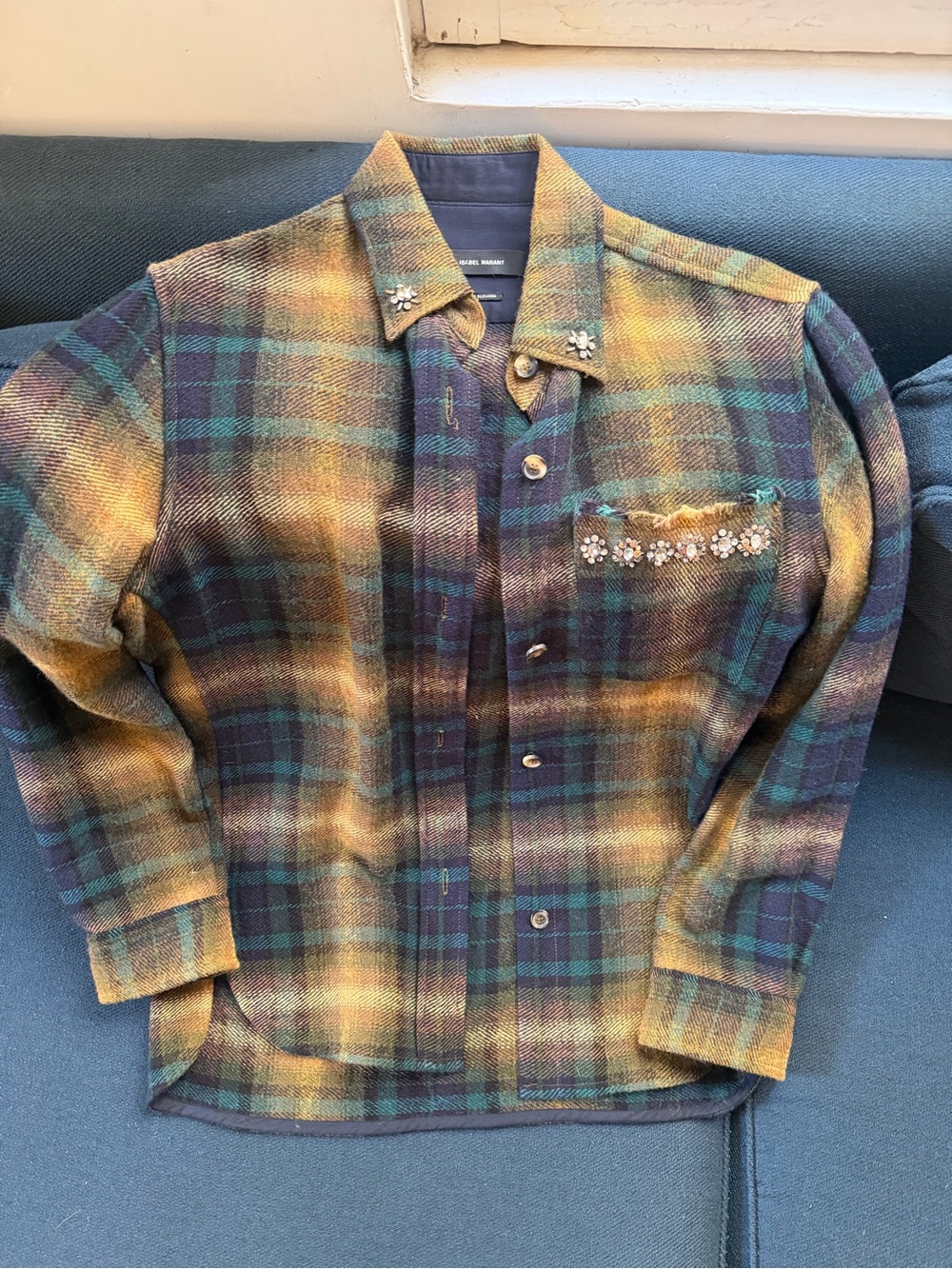 Isabel Marant Plaid Jewel-Embellished Button-Up Shirt in Mustard, Teal & Navy